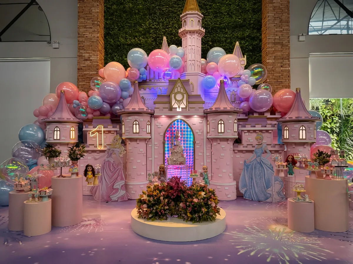 Cenário de festa infantil sofisticada decorada pela Tati Pini Decor